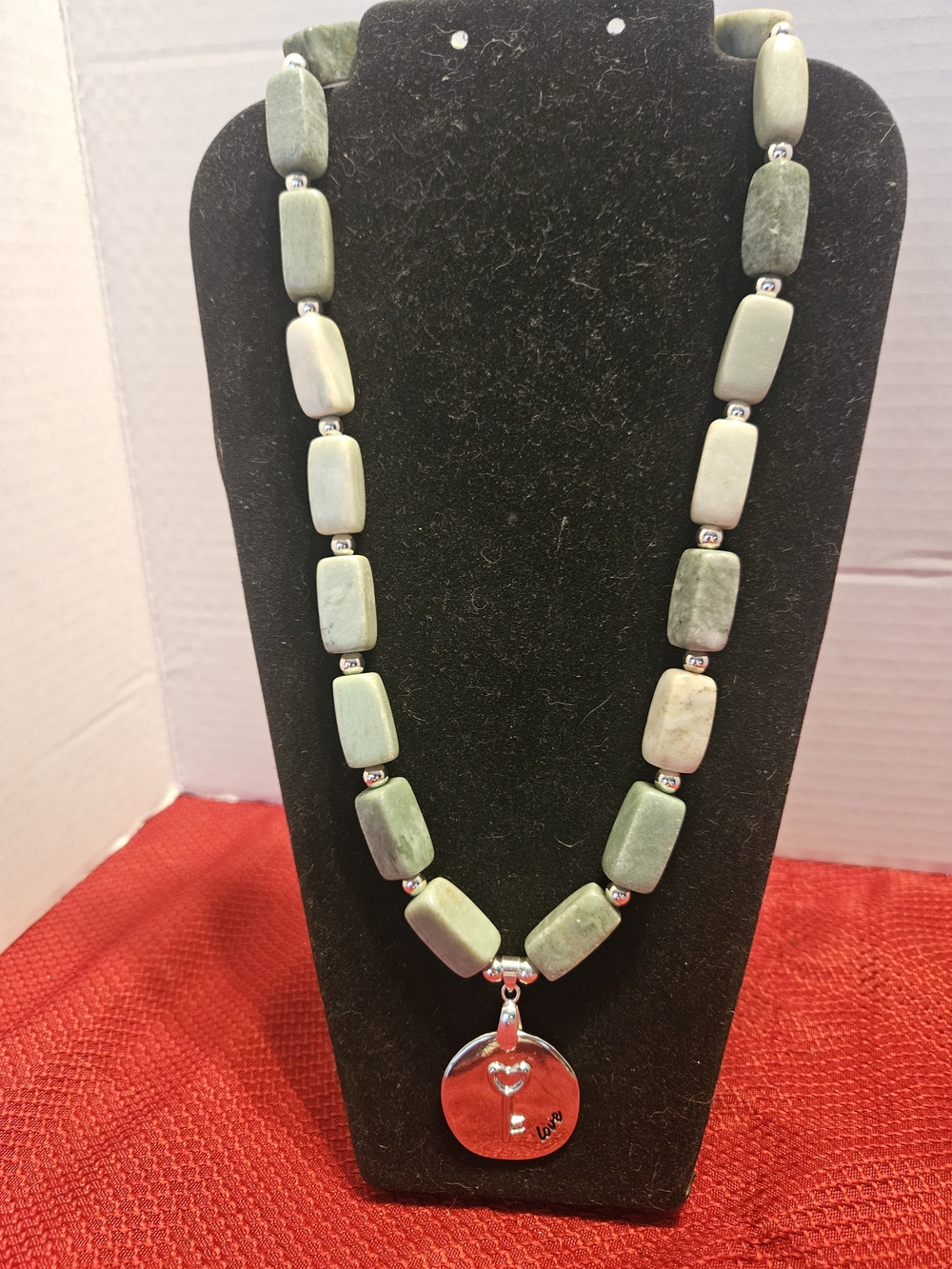 Green Stone Bead Necklace with Heart Pendant - Handmade